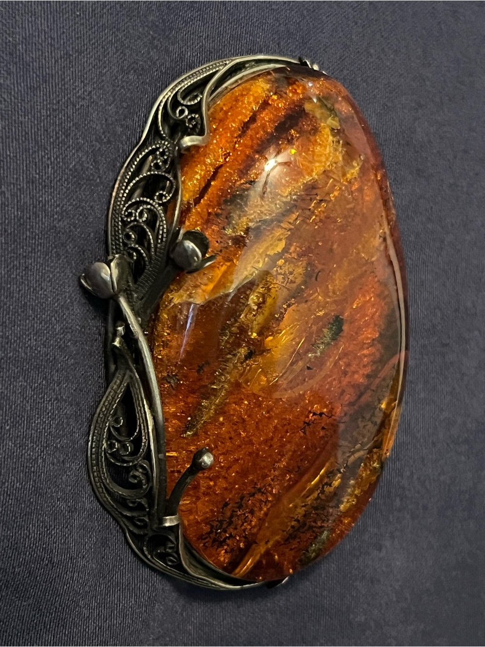 Sterling Silver Vintage Deep Honey Amber Brooch with Floral Filigree Setting
